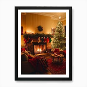 Christmas Interior Brimming With Festive Decorations Fireplace Crackling In The Background Stocki (6) Art Print