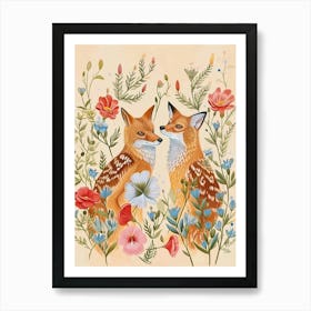 Folksy Floral Animal Drawing Fox Art Print