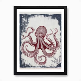 Octopus Linocut Style With Aqua Marine Plants 8 Art Print
