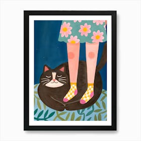 Woman Girl With Black Cat, flower dress Art Print