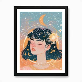 Girl With Moon And Stars 1 Art Print