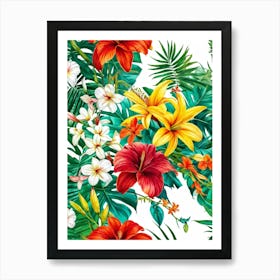 A Contemporary Tropical Floral Frame Highlighting A Variety Of Vivid Exotic Florals In Full Bloom Art Print