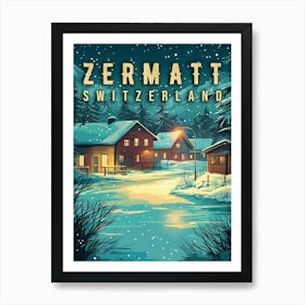 Vintage Zermatt, Switzerland: Snowy Alps at Night Póster