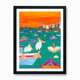 Lots Of Fishing Boats And Two Pelicans Art Print