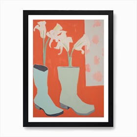 Painting Of White Flowers And Cowboy Boots, Oil Style 9 Art Print