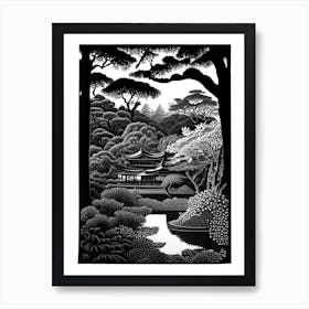 Ryoan Ji Garden, 1, Japan Linocut Black And White Vintage Art Print