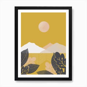 Mustard Mountains Through Leaves Abstract Landscape Art Print