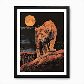 African Lion Relief Illustration Night Hunt 2 Art Print