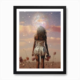 Cosmic portrait of a woman in the desert surrounded by flowers Art Print