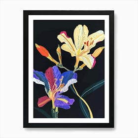 Neon Flowers On Black Freesia 1 Art Print