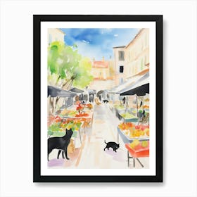 Food Market With Cats In Saint Tropez 2 Watercolour Art Print