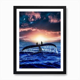 Travel Of Two Penguins On Whale Tail Art Print