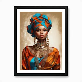 Beautiful And Sexy Black Woman In Blue and Orange with Gold Accessories Illustration 6 Art Print