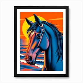 Horse at The Ocean Color Illustration Art Print