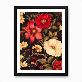 Red And White Flowers On Black Background Inspired By William Morris Art Print