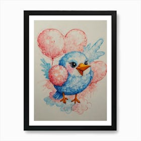 Blue Bird With Balloons Art Print