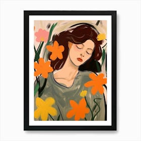Woman With Autumnal Flowers Daffodil Art Print