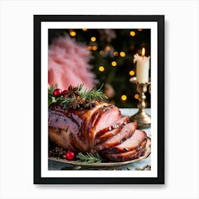 An Entregouted View Of A Glazed Spiced Pork Ham Festooned With A Crown Of Cloves Set On A Lavish C (5) Art Print