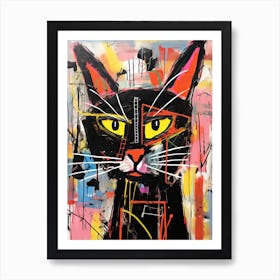 Whiskered Dreams: Basquiat's style Black Cat Tale Art Print