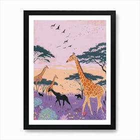 Giraffe In The Wild With Other Animals Watercolour Style 3 Art Print