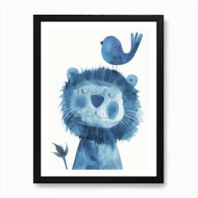 Small Joyful Lion With A Bird On Its Head Art Print