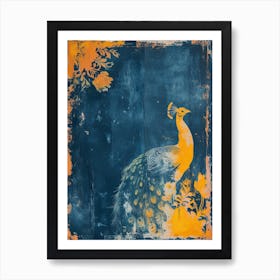Decadent Navy Blue & Orange Floral Peacock Art Print