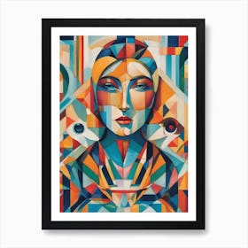 Sip - Abstract Art Deco Geometric Shapes Oil Painting Modernist Inspired Lady Face Eye Bold Gold Green Turquoise Red Face Visionary Fantasy Style Wall Decor Surrealism Trippy Cool Room Art Invoke Psychedelic Art Print