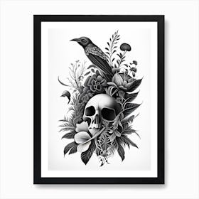 Skull With Bird Motifs Black And White Botanical Art Print