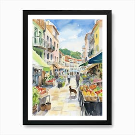 Food Market With Cats In Santander 4 Watercolour Art Print