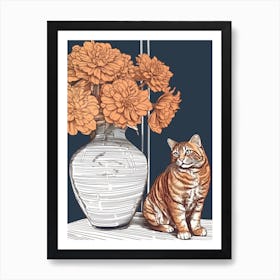 Drawing Of A Still Life Of Dahlia With A Cat 2 Art Print