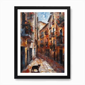 Painting Of A Street In Barcelona With A Cat 4 Impressionism Art Print