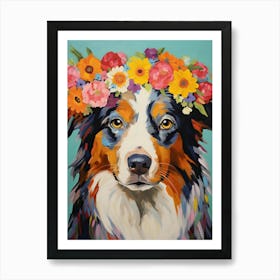 Australian Shepherd Portrait With A Flower Crown, Matisse Painting Style 1 Art Print