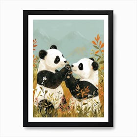 Giant Panda Two Bears Playing Together In A Meadow Storybook Illustration 3 Art Print