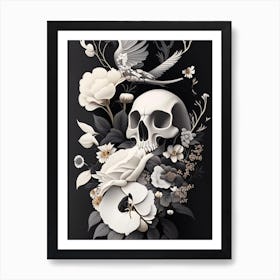 Skull With Bird Motifs Black And White Vintage Floral Art Print