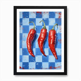 Red Chillis Blue Checkerboard 3 Art Print