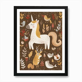 Unicorn In The Meadow With Abstract Woodland Animals 3 Art Print