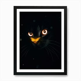 Black Cat Portrait And Orange Butterfly Art Print