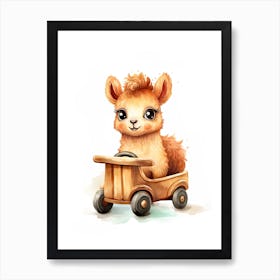 Baby Llama On A Toy Car, Watercolour Nursery 3 Art Print