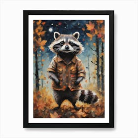 Cottagecore Rocket Raccoon in Autumn Forest - Acrylic Paint Fall Raccoon in Shirt with Falling Leaves at Night, Perfect for Witchcore Cottage Core Pagan Tarot Celestial Zodiac Gallery Feature Wall Beautiful Woodland Creatures Series HD Art Print