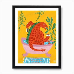 Orange Dinosaur Drinking Tea In A Bathtub Art Print