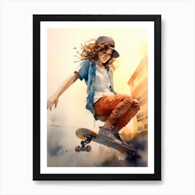Girl Skateboarding In Buenos Aires, Argentina Watercolour 1 Art Print