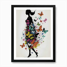 The men's silhouette is slender and minimalist, with soft and elegant lines. Her dress is made up of multicolored butterflies that seem to dance around her, creating an ethereal and delicate effect. The butterflies vary in size and hue, adding a touch of dynamism and joy to the image. The woman appears to be in harmony with nature, symbolized by the butterflies that adorn her dress. Art Print