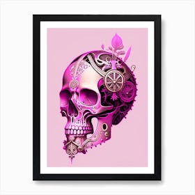 Skull With Steampunk Details 3 Pink Line Drawing Art Print