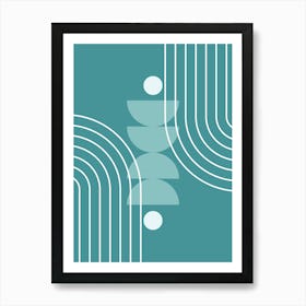 Modern Mid Century Sun, Moon Phases and Rainbow Abstract 36 in Teal Blue Green Art Print