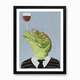 Alligator With Wineglass Grey & Green Art Print