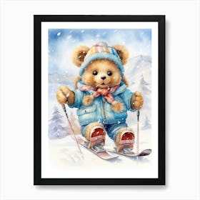 Skiing Teddy Bear Painting Watercolour 4 Art Print