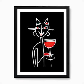 Cat And Cocktail Line Art Black And Red Art Print