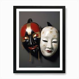 Noh Masks Japanese Style Illustration 5 Art Print