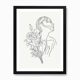 Single Line Drawing Of A Woman With Flowers Art Print