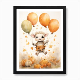 Sheep Flying With Autumn Fall Pumpkins And Balloons Watercolour Nursery 3 Art Print